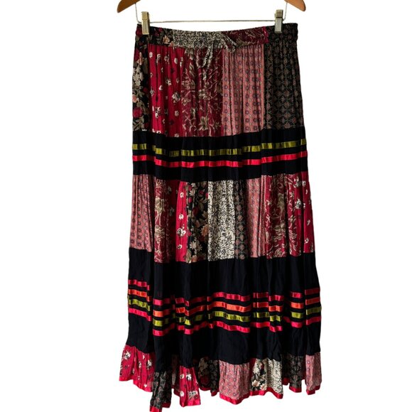 Sacred Threads Patchwork Ribbon Maxi Skirt One Size Elastic Waist Tie Lined Boho - Picture 1 of 16